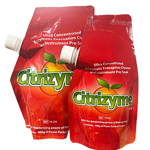 Two side spout liquid standing pouches with red custom print